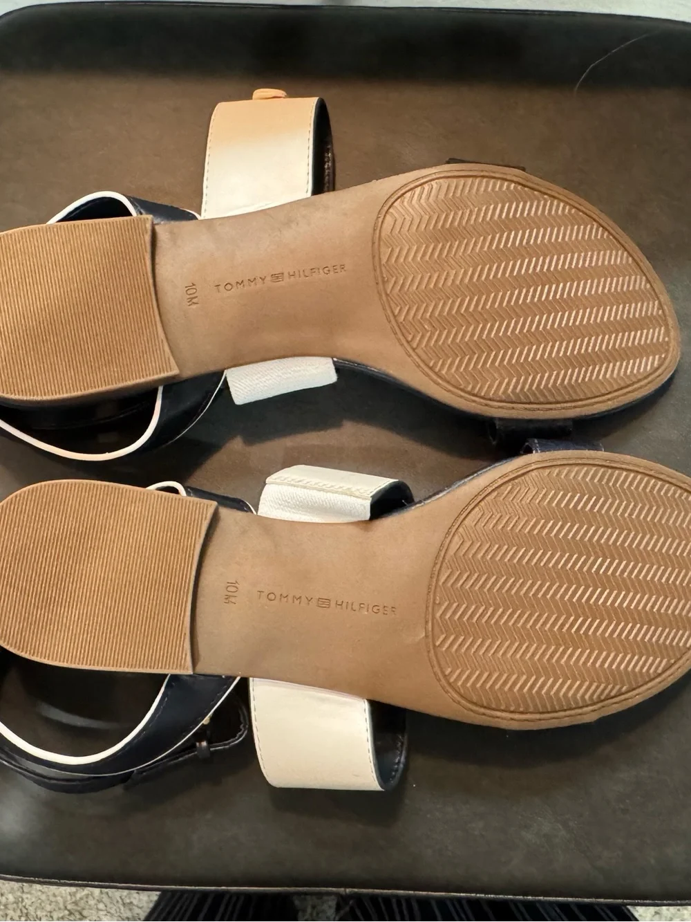 Tommy Hilfiger Black and White Gold-Logo Ankle Strap Sandals